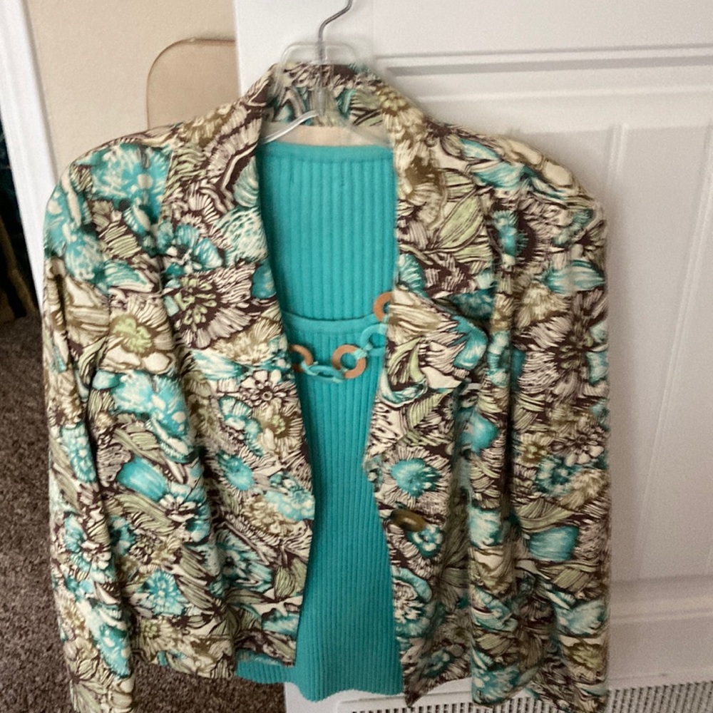 R.Q.T Jacket size PM, short sleve blouse size PL, with attached necklace.